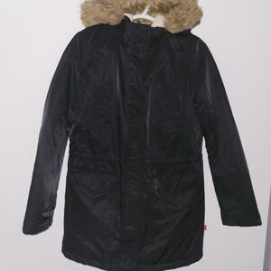 Levi Strauss Parka Jacket Coat Men's Size Small Black Faux Fur Hooded Pockets